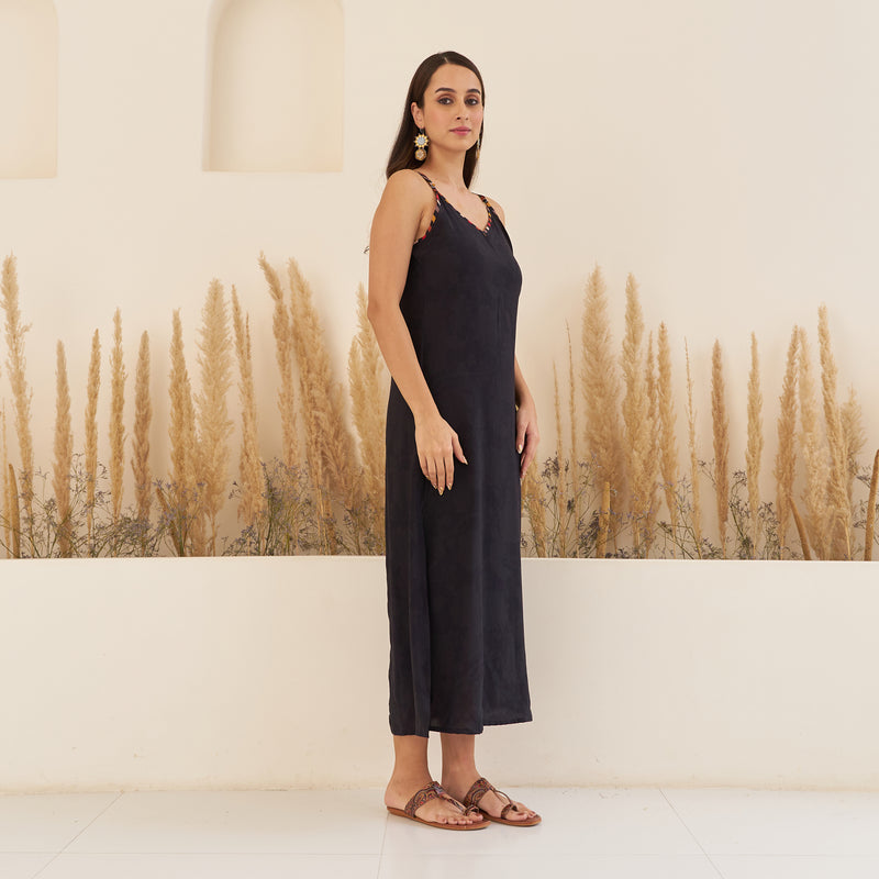 Black Spaghetti Drees with Long Floral Shrug