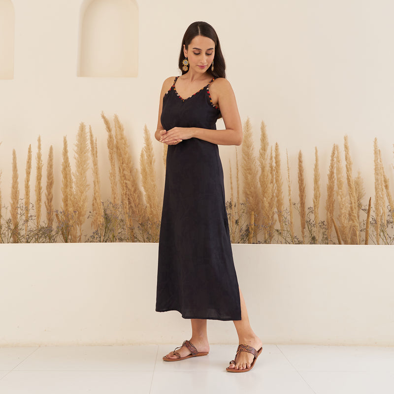 Black Spaghetti Drees with Long Floral Shrug