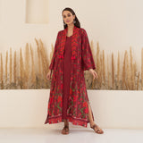 Maroon Spaghetti Drees with Long Floral Shrug