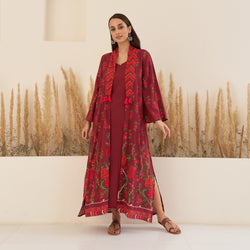 Maroon Spaghetti Drees with Long Floral Shrug