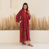 Maroon Spaghetti Drees with Long Floral Shrug