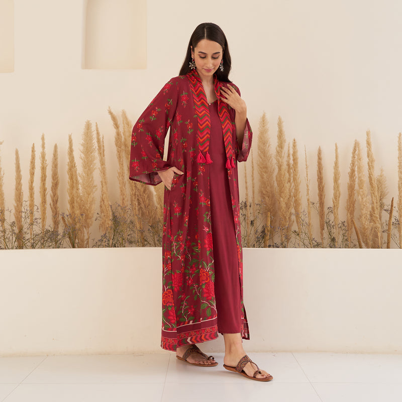 Maroon Spaghetti Drees with Long Floral Shrug