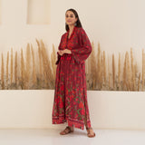 Maroon Spaghetti Drees with Long Floral Shrug