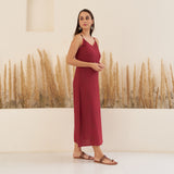 Maroon Spaghetti Drees with Long Floral Shrug