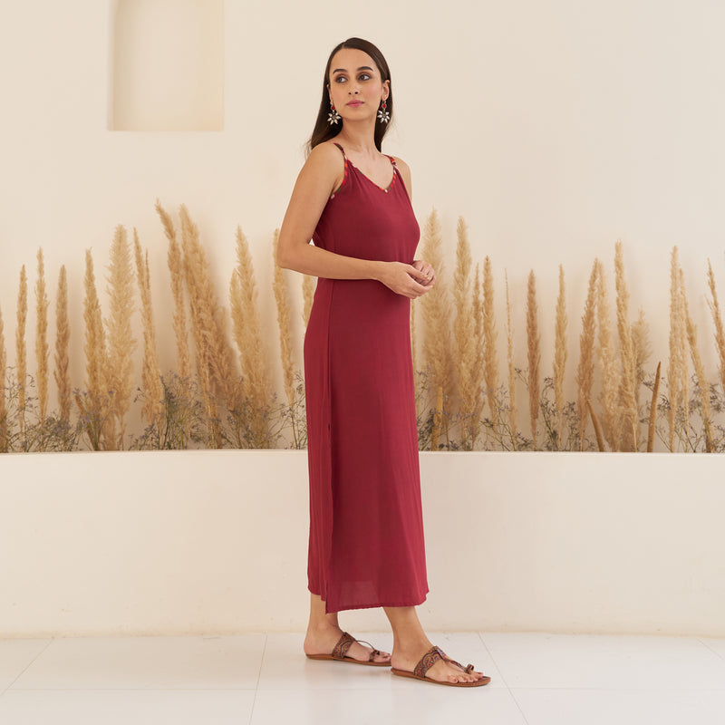 Maroon Spaghetti Drees with Long Floral Shrug