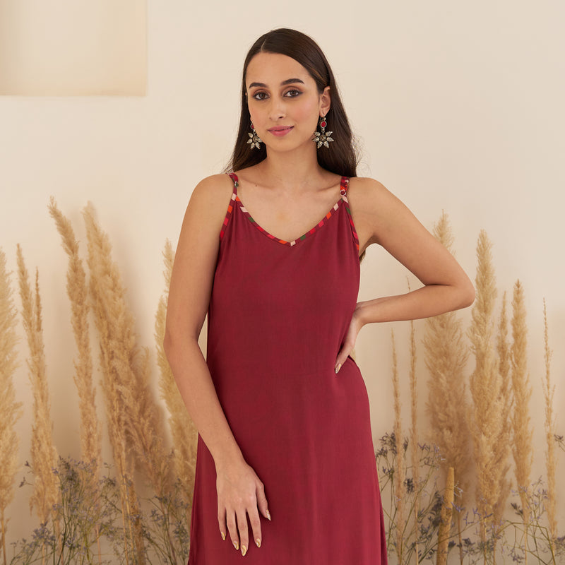 Maroon Spaghetti Drees with Long Floral Shrug