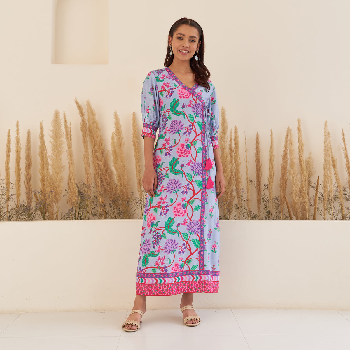 Lilac Angrakha Dress with Side Slit and Puff Sleeves