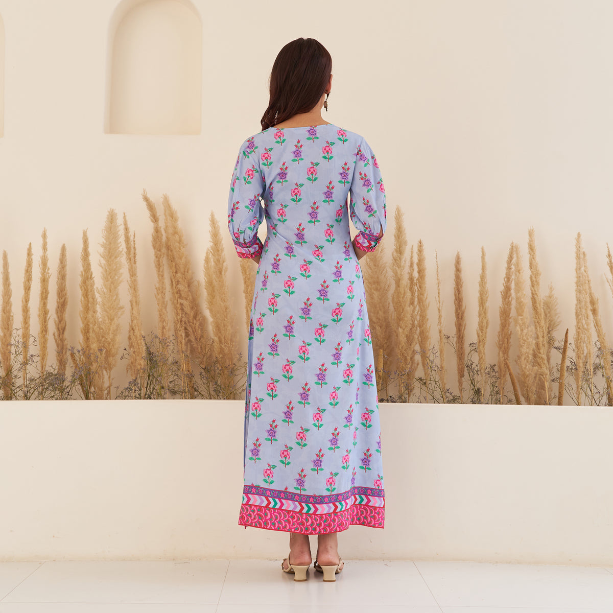 Lilac Angrakha Dress with Side Slit and Puff Sleeves