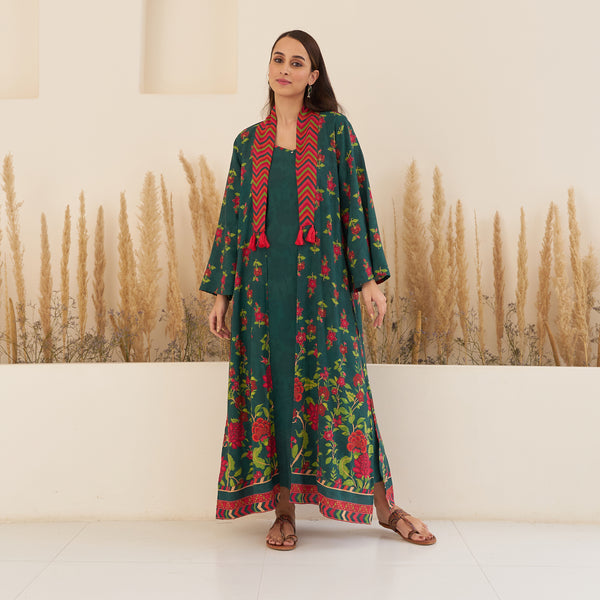 Emerald Green Spaghetti Drees with Long Floral Shrug