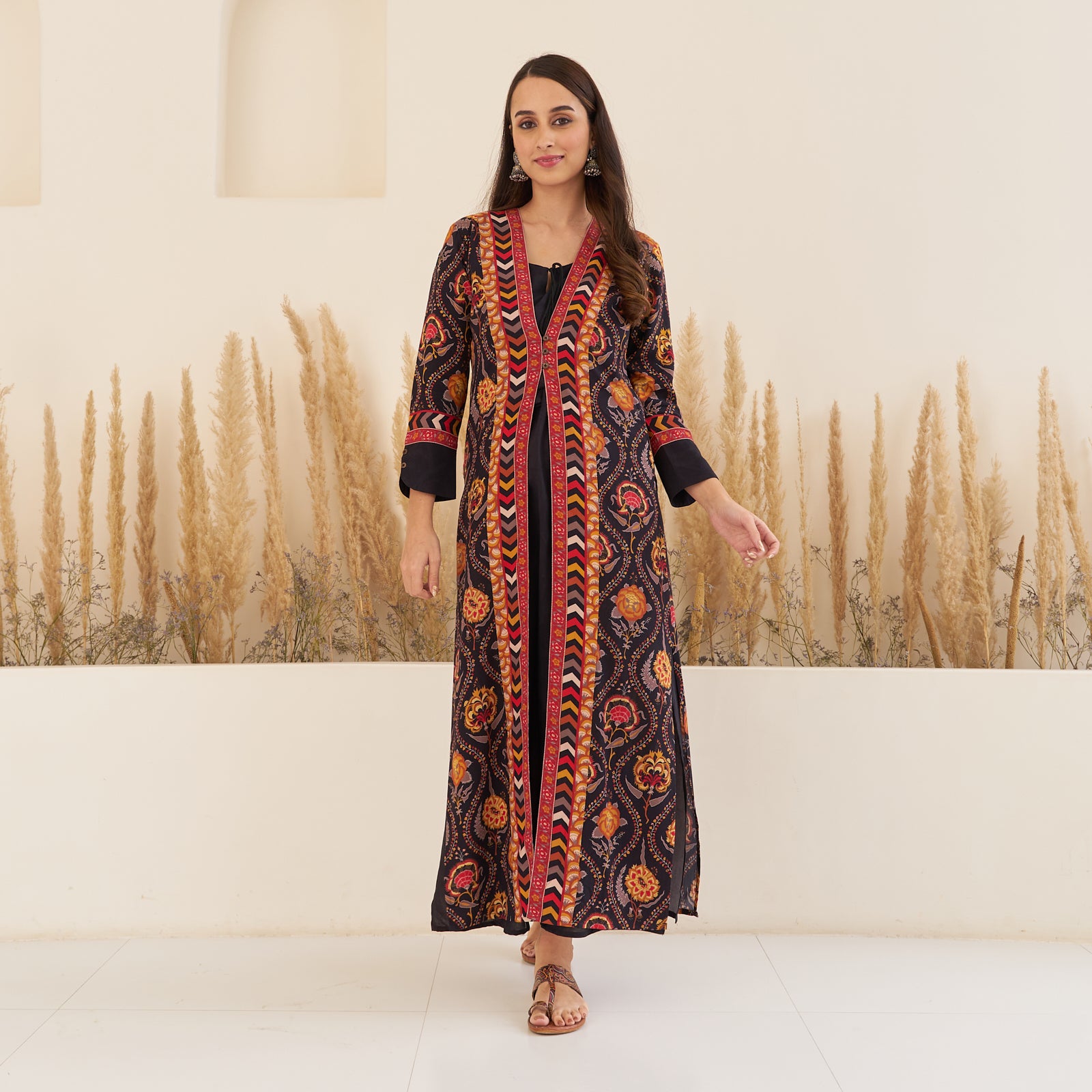 Buy Black Side Slit Dress with Long Shrug | Rustorange Buy Black Side Slit Dress with Long Shrug | Rustorange