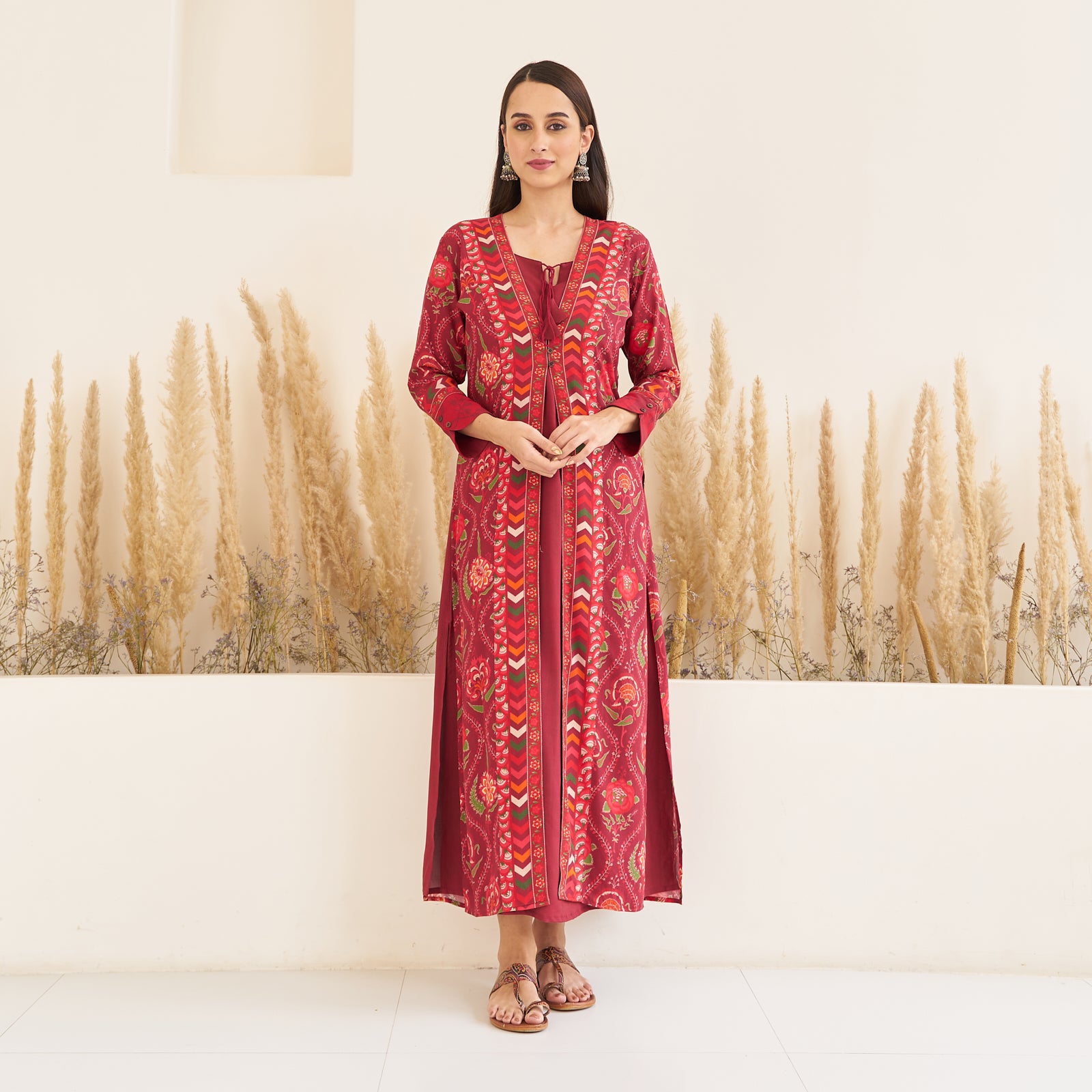 Buy Maroon Side Slit Dress with Long Shrug