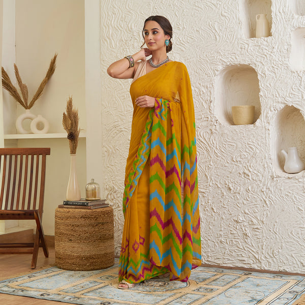 Mustard Pure Georgette Printed Saree