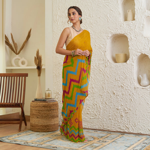 Mustard Pure Georgette Printed Saree