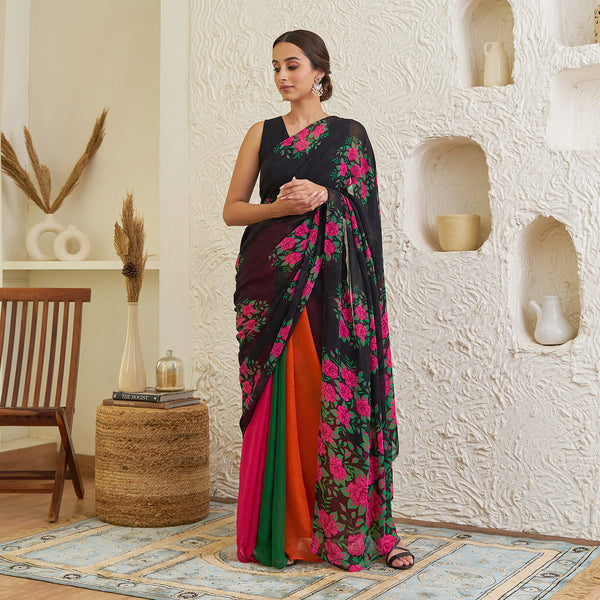 Black Pure Georgette Floral Multicolour Half & Half Saree