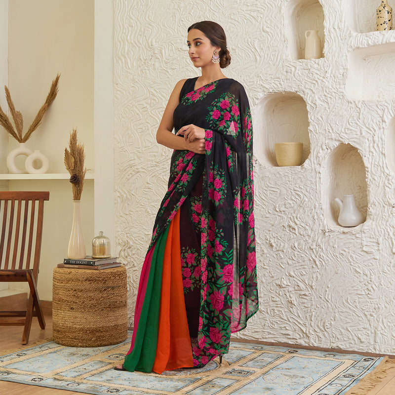 Black Pure Georgette Floral Multicolour Half & Half Saree