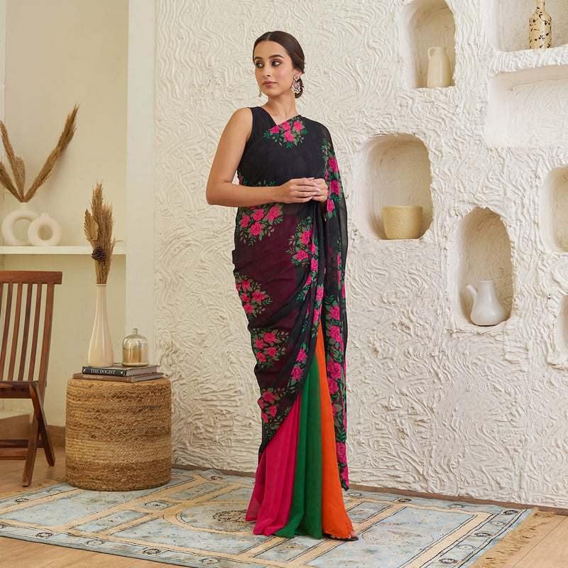 Black Pure Georgette Floral Multicolour Half & Half Saree