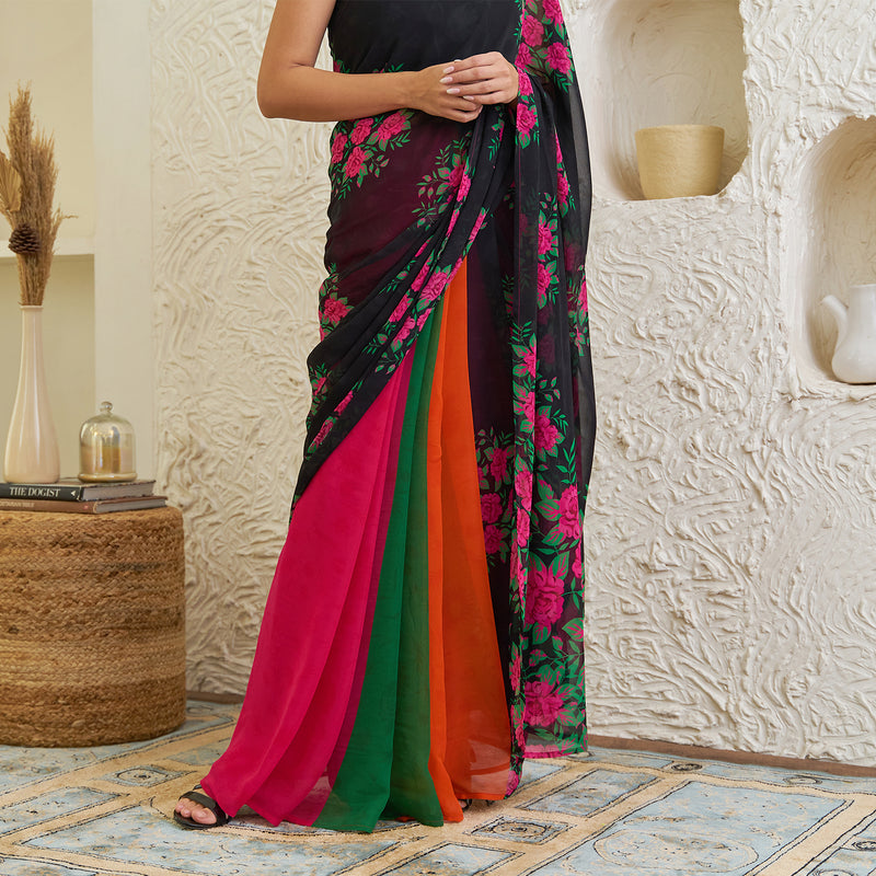 Black Pure Georgette Floral Multicolour Half & Half Saree