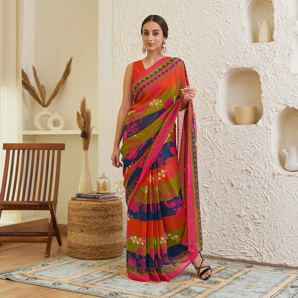 Indigo Green Multicolour Floral Pure Georgette Saree