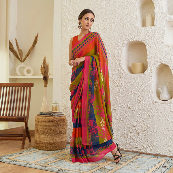 Indigo Green Multicolour Floral Pure Georgette Saree