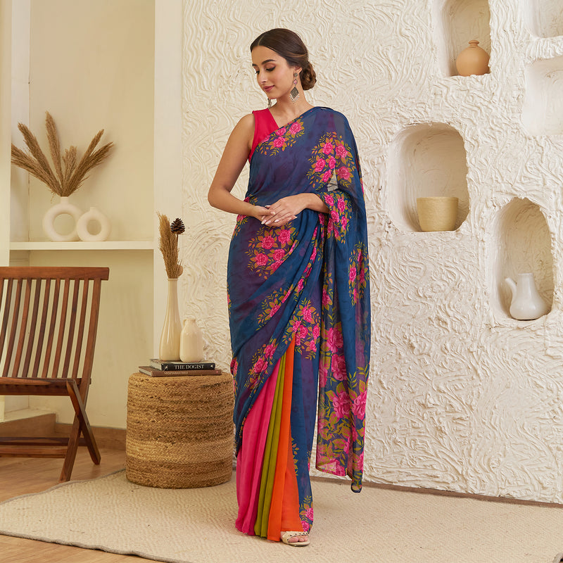 Navy Blue Pure Georgette Floral Multicolour Half & Half Saree