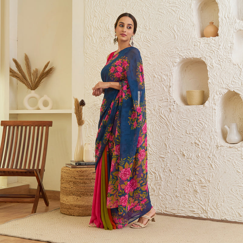 Navy Blue Pure Georgette Floral Multicolour Half & Half Saree