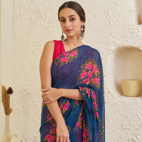 Navy Blue Pure Georgette Floral Multicolour Half & Half Saree