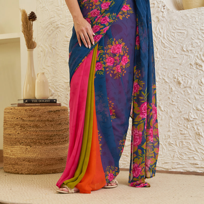 Navy Blue Pure Georgette Floral Multicolour Half & Half Saree