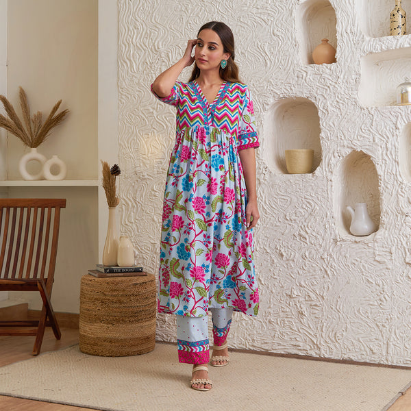Lavender Floral Front Gathered Kurta Pant Co-ord Set