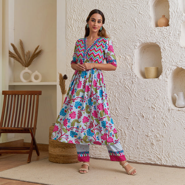 Lavender Floral Front Gathered Kurta Pant Co-ord Set