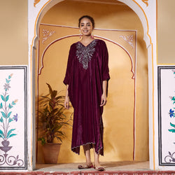 Magenta Velvet Zari Embroidered Kaftan Dress with Scalloped Detailing