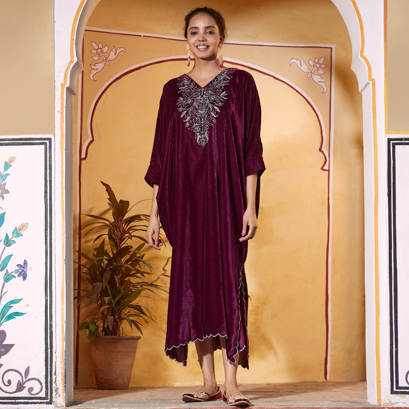 Magenta Velvet Zari Embroidered Kaftan Dress with Scalloped Detailing