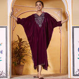 Magenta Velvet Zari Embroidered Kaftan Dress with Scalloped Detailing