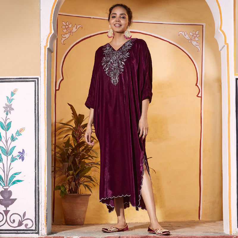 Magenta Velvet Zari Embroidered Kaftan Dress with Scalloped Detailing