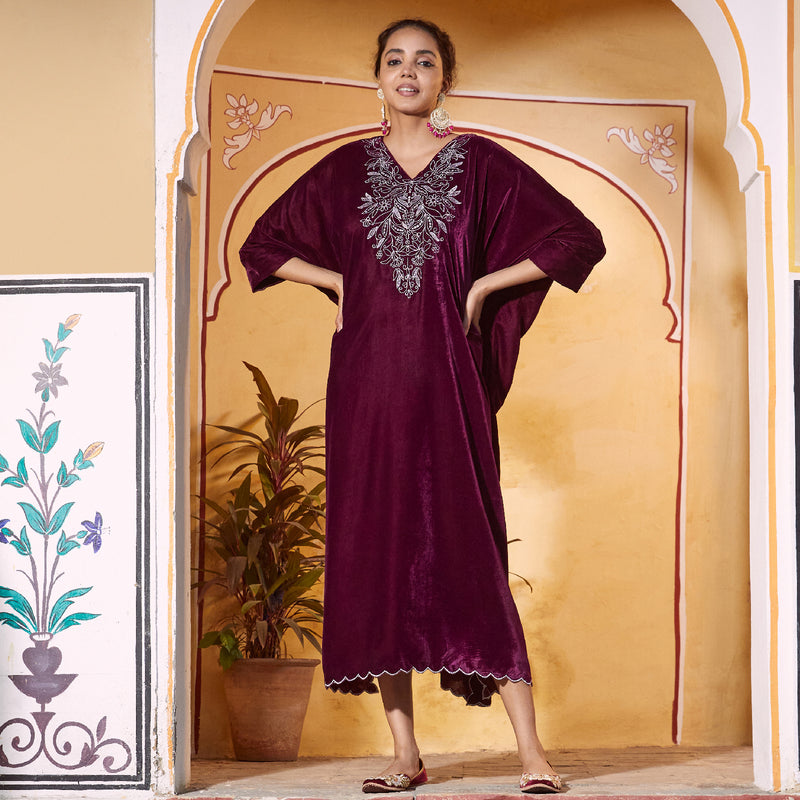 Magenta Velvet Zari Embroidered Kaftan Dress with Scalloped Detailing