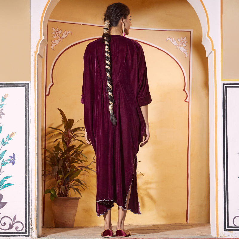 Magenta Velvet Zari Embroidered Kaftan Dress with Scalloped Detailing