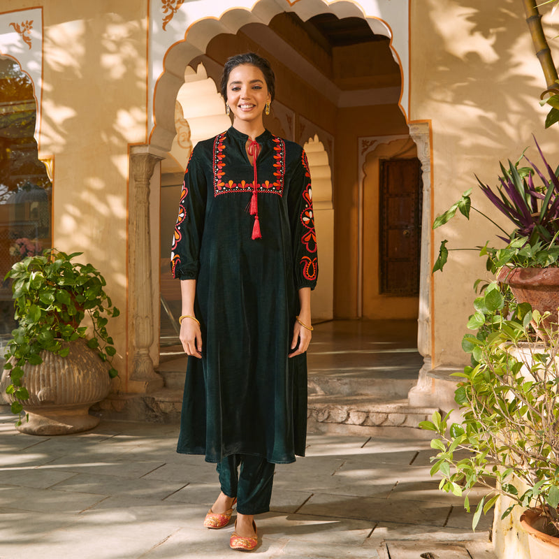 Emerald Green Velvet A Line Embroidered Kurta Rustorange