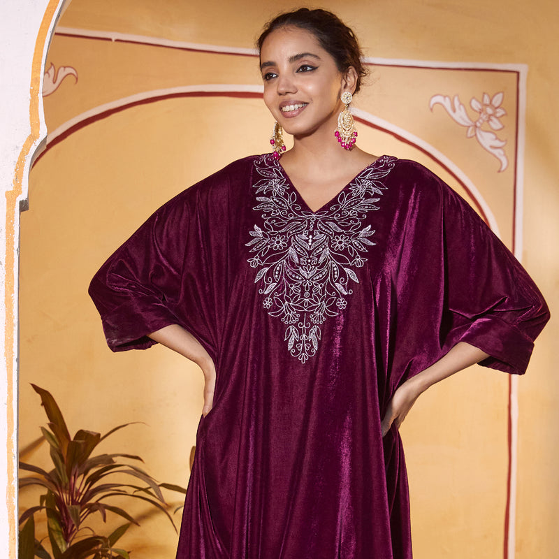 Magenta Velvet Zari Embroidered Kaftan Dress with Scalloped Detailing