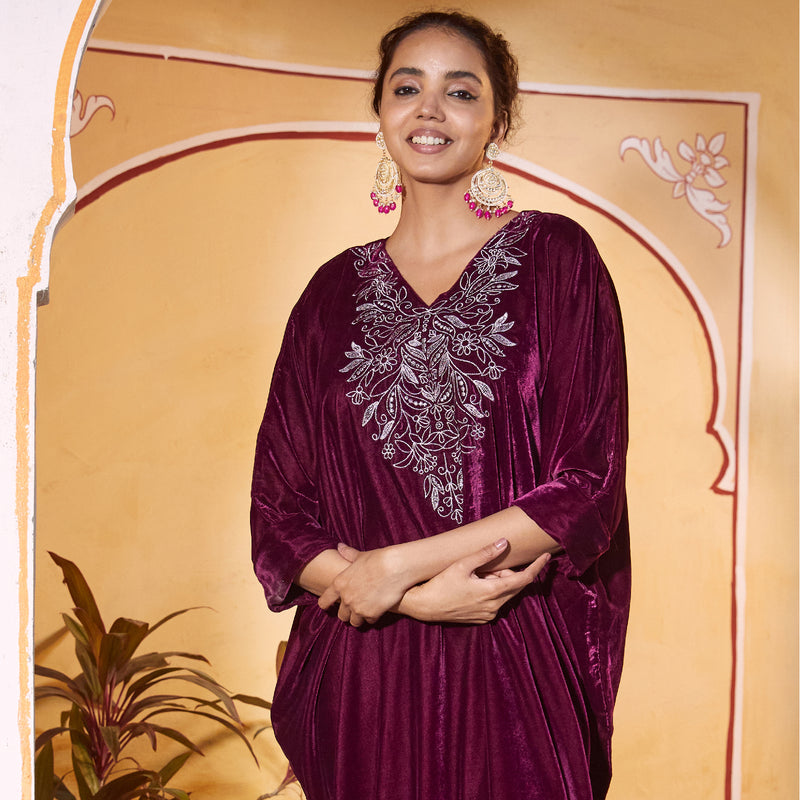 Magenta Velvet Zari Embroidered Kaftan Dress with Scalloped Detailing