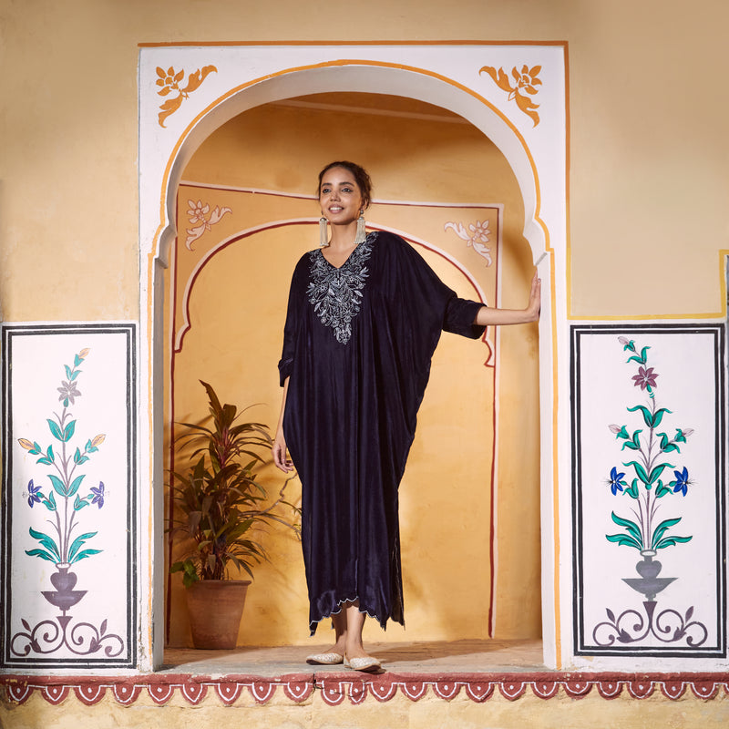 Blue Velvet Zari Embroidered Kaftan Dress with Scalloped Detailing