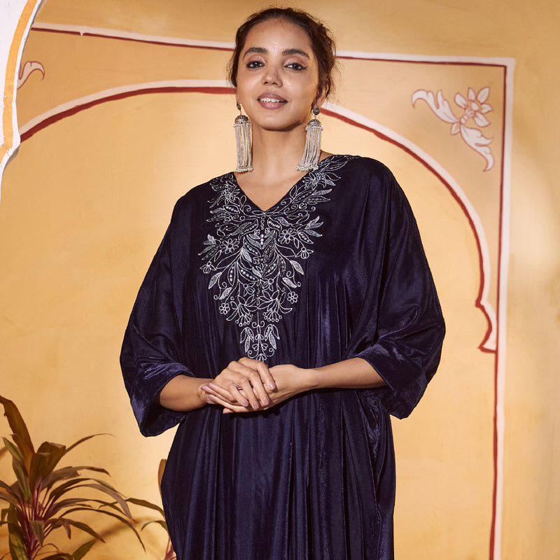 Blue Velvet Zari Embroidered Kaftan Dress with Scalloped Detailing