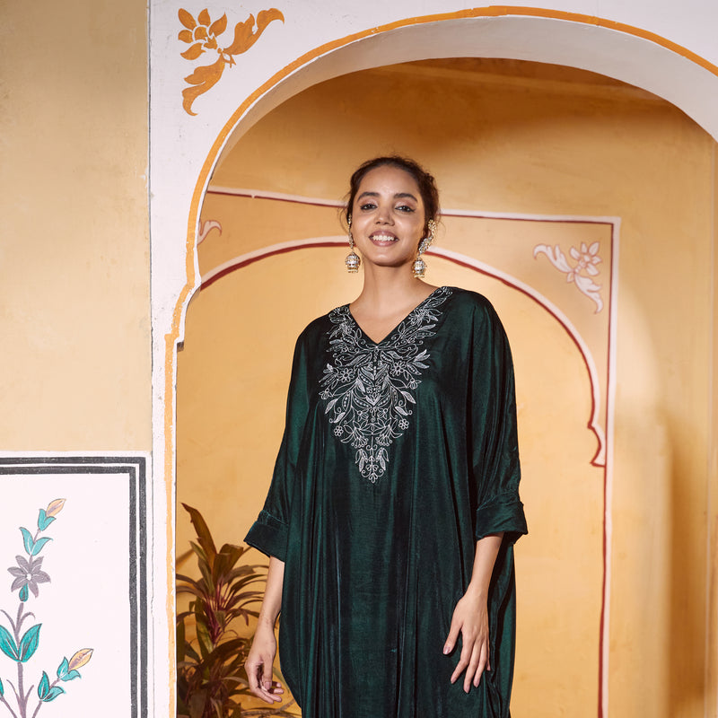 Emerald Green Velvet Zari Embroidered Kaftan Dress with Scalloped Detailing