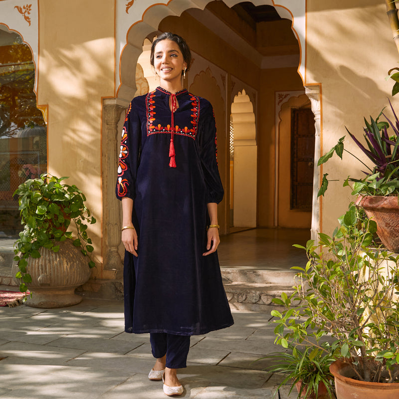 Blue Velvet A-Line Embroidered Kurta