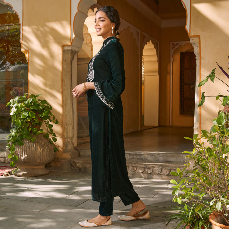 Emerald Green Embroidered Kurta with Bell Sleeves