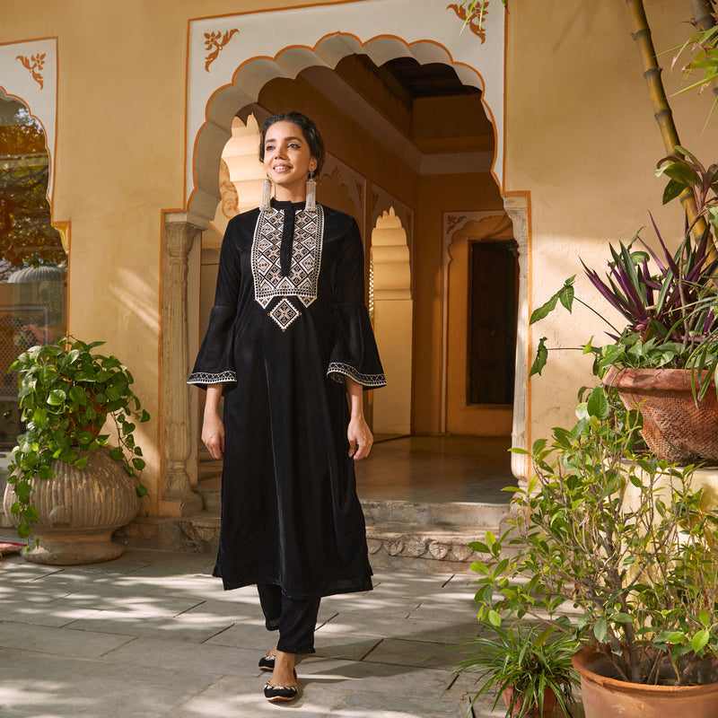 Buy Black Velvet Embroidered Kurta with Bell Sleeves Rustorange