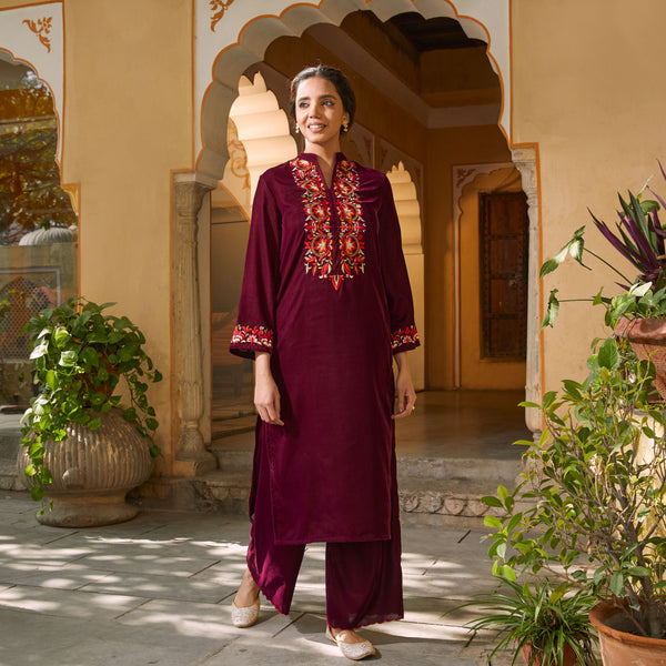 Magenta Velvet Floral Embroidered Kurta