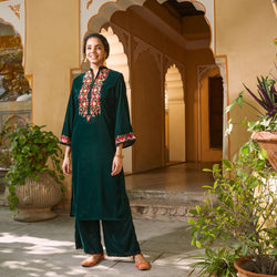 Green Velvet Floral Embroidered Kurta