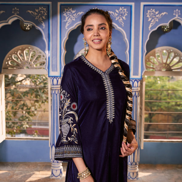 Blue Velvet Zari Embroidered Straight Kurta