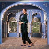 Emerald Green Velvet High Slit Zari Embroidered Kurta