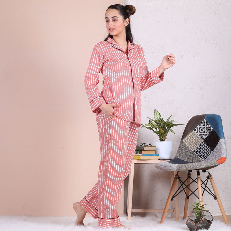 Baby Pink Stripes Printed Pajama Set