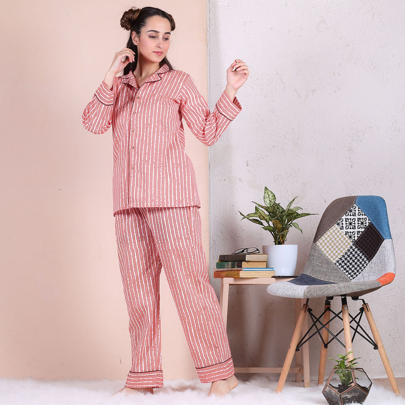 Baby Pink Stripes Printed Pajama Set